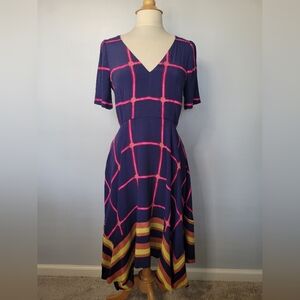 HD in Paris Anthropologie Striped Pane Navy Neon Pink Midi Dress SZ 4
